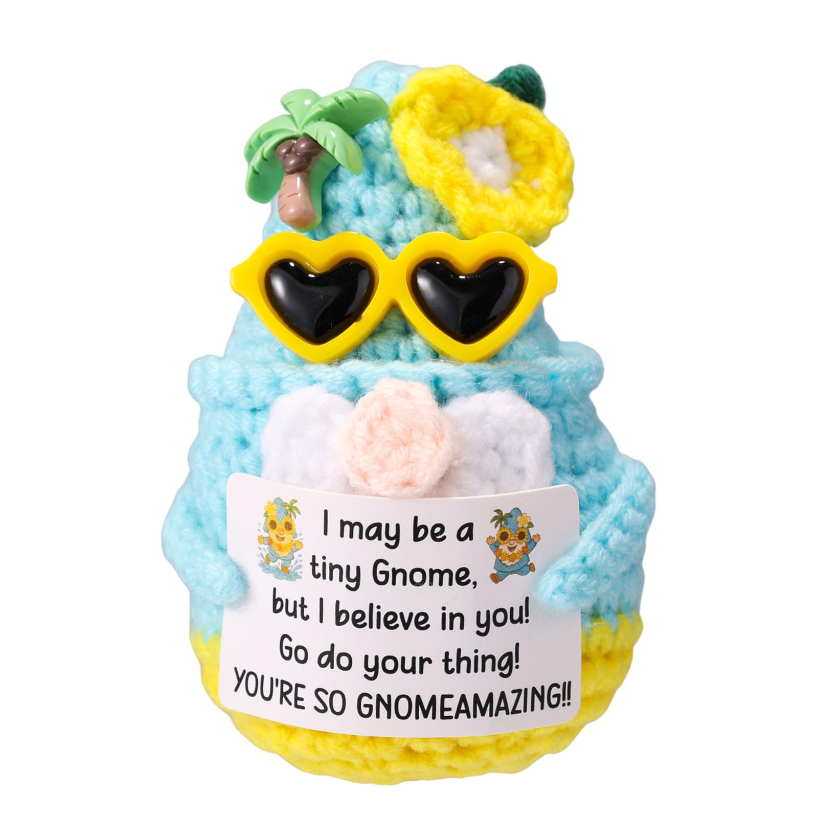Positive Gnome Crochet, Handmade Knitted Emotional Hawaiian Gnome with Sunglasses and Encouragement Card, Cute Inspirational Support Plush Doll for Office Desk Home Decor