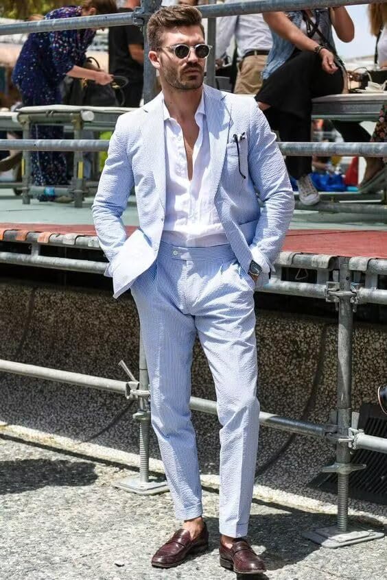 Wehilion Men's Striped Seersucker Suits 2 Piece Slim Fit Wedding Tuxedo Summer Beach Suits Sets3