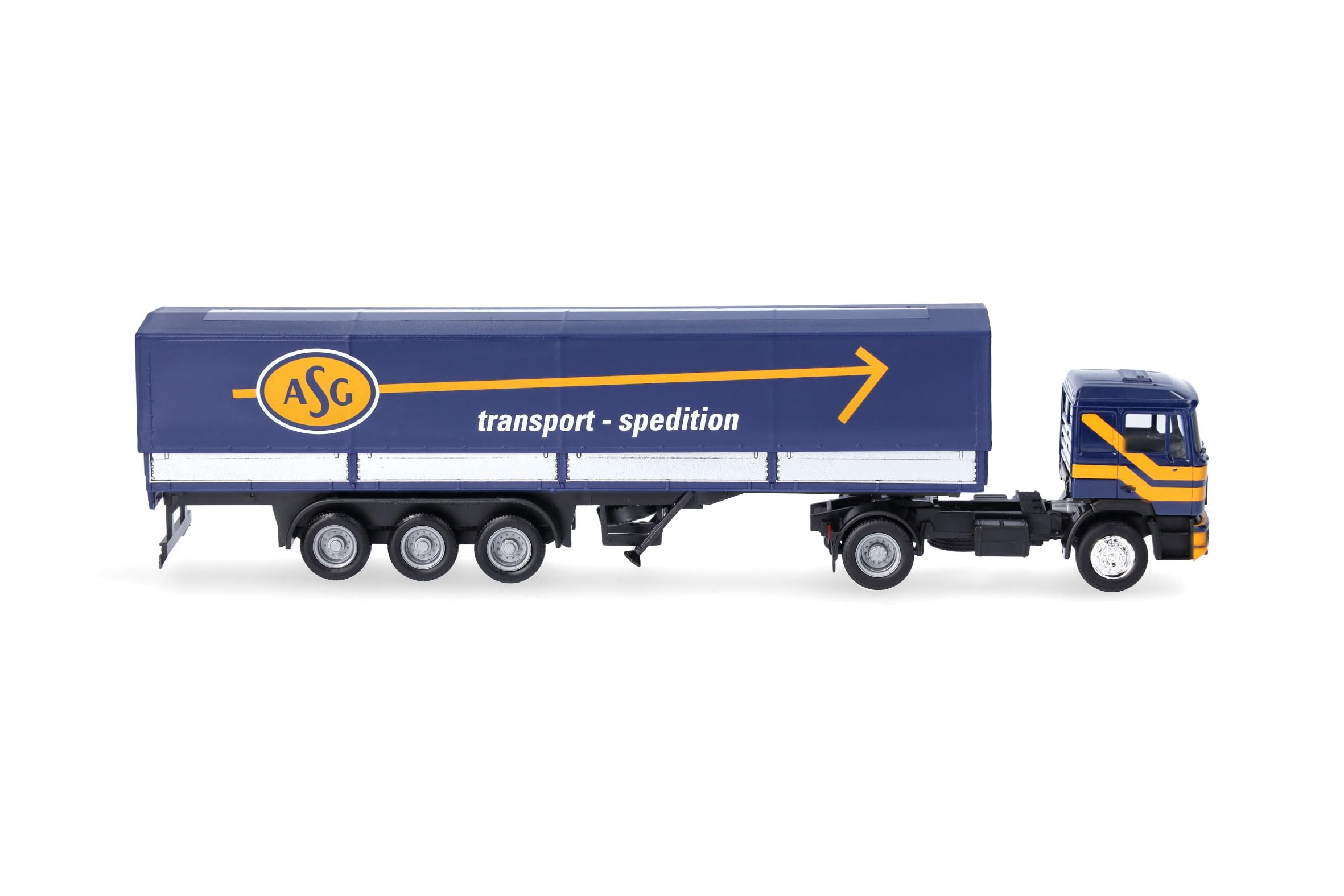 Herpa model ciężarówki MAN F90 naczepa plandekowa „ASG” (Szwecja), miniatura w skali 1:87, model kolekcjonerski, wyprodukowano w Niemczech, tworzywo sztuczne
