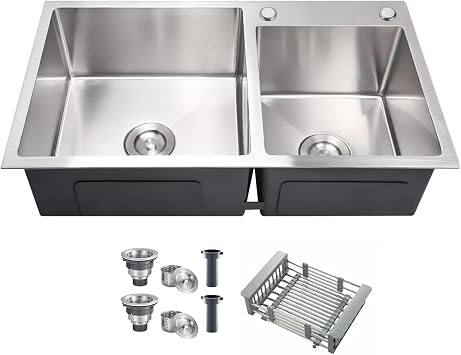 32" x 18" Drop-in/Topmount Double Bowl Kitchen Sink, Nano-Coated 304 Stainless Steel Kitchen Sink with Drain and Overflow