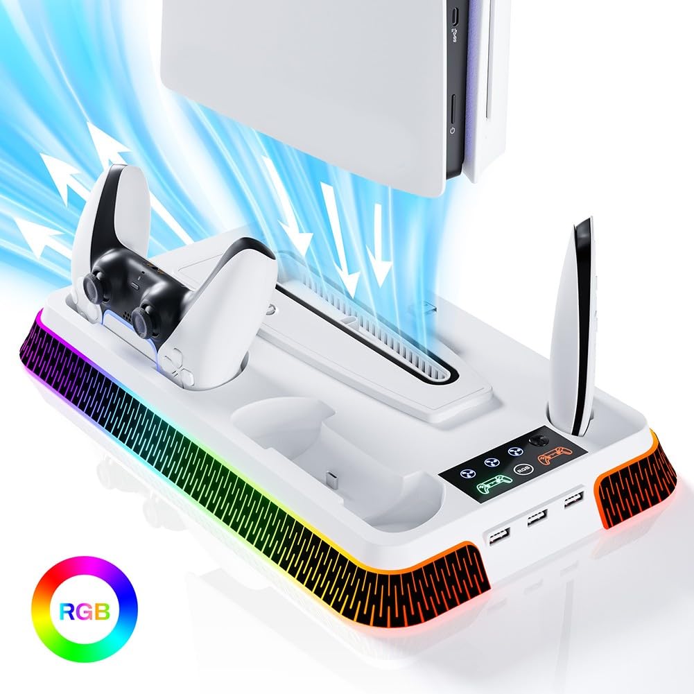 Supporto di raffreddamento verticale per PS5 Pro e Slim, stazione di ricarica con doppie porte per controller, supporto console ABS con ventola, accessorio per gioco salvaspazio, bianco