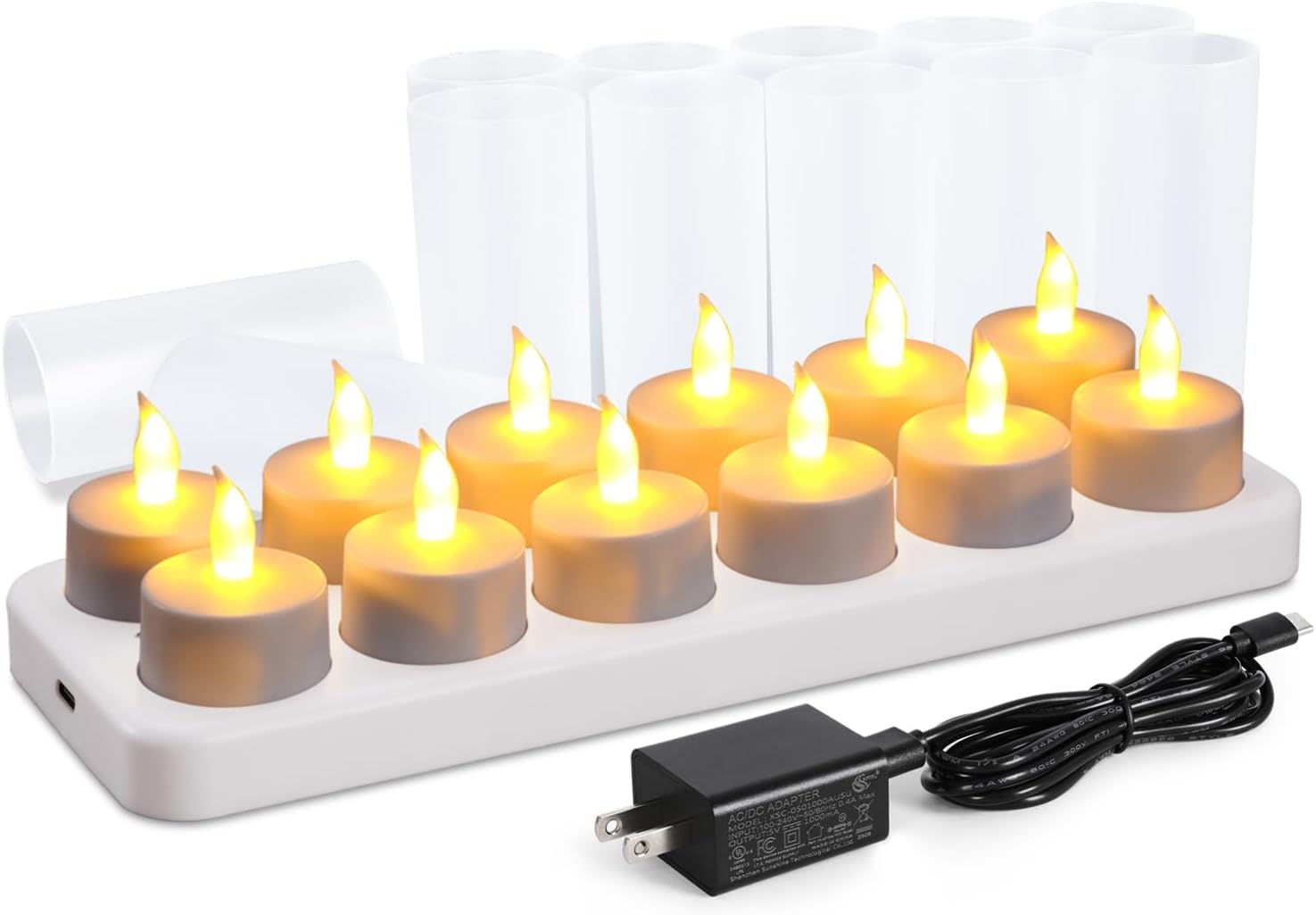 WoneNice Rechargeable Tea Light Tealight Candles With Holders- set of 12 (No Batteries Necessary)- White Base
