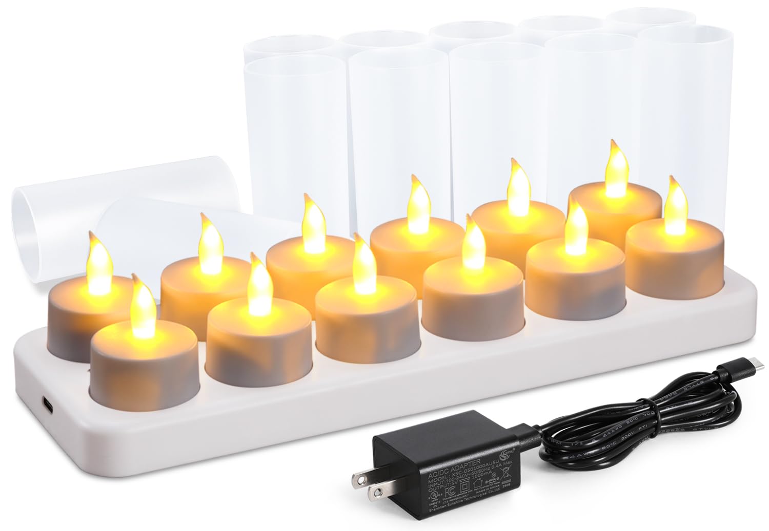 WoneNice Rechargeable Tea Light Tealight Candles With Holders- set of 12 (No Batteries Necessary)- White Base