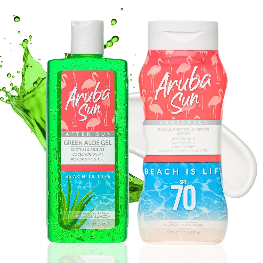 SPF 70 Sunscreen Lotion & After Sun Aloe Vera Gel Bundle | Reef Safe, Water-Resistant, Non-Greasy, Broad Spectrum UVA/UVB Protection & Sunburn Relief | 8 oz Each