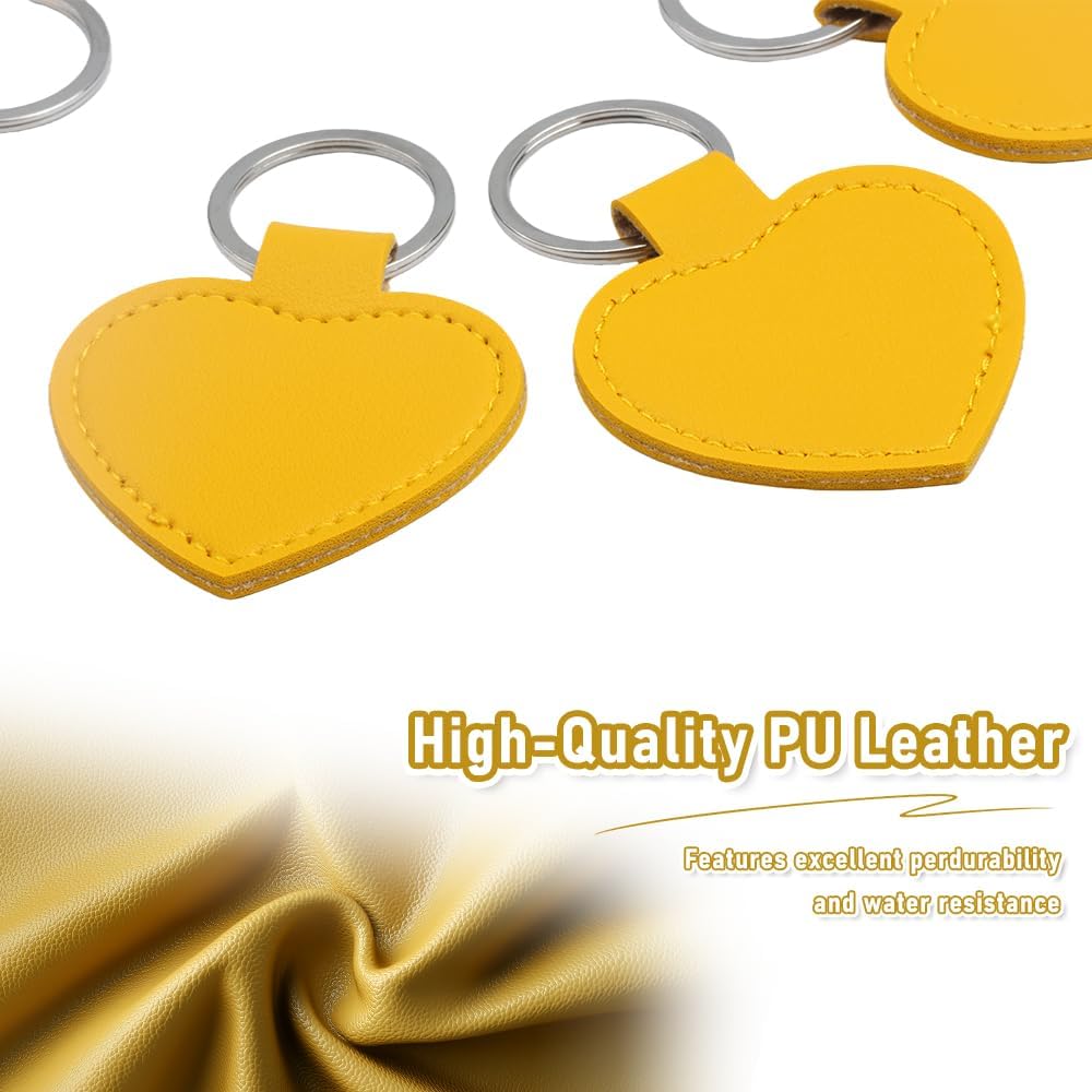 DQITJ 8 Pcs PU Leather Keychain Blanks Bulk Heart-shaped Laser Engraving Keychain Leather Fob Kit with Key Rings for DIY Craft ID Key Cards Craft Present Making (Yellow) - Image 2