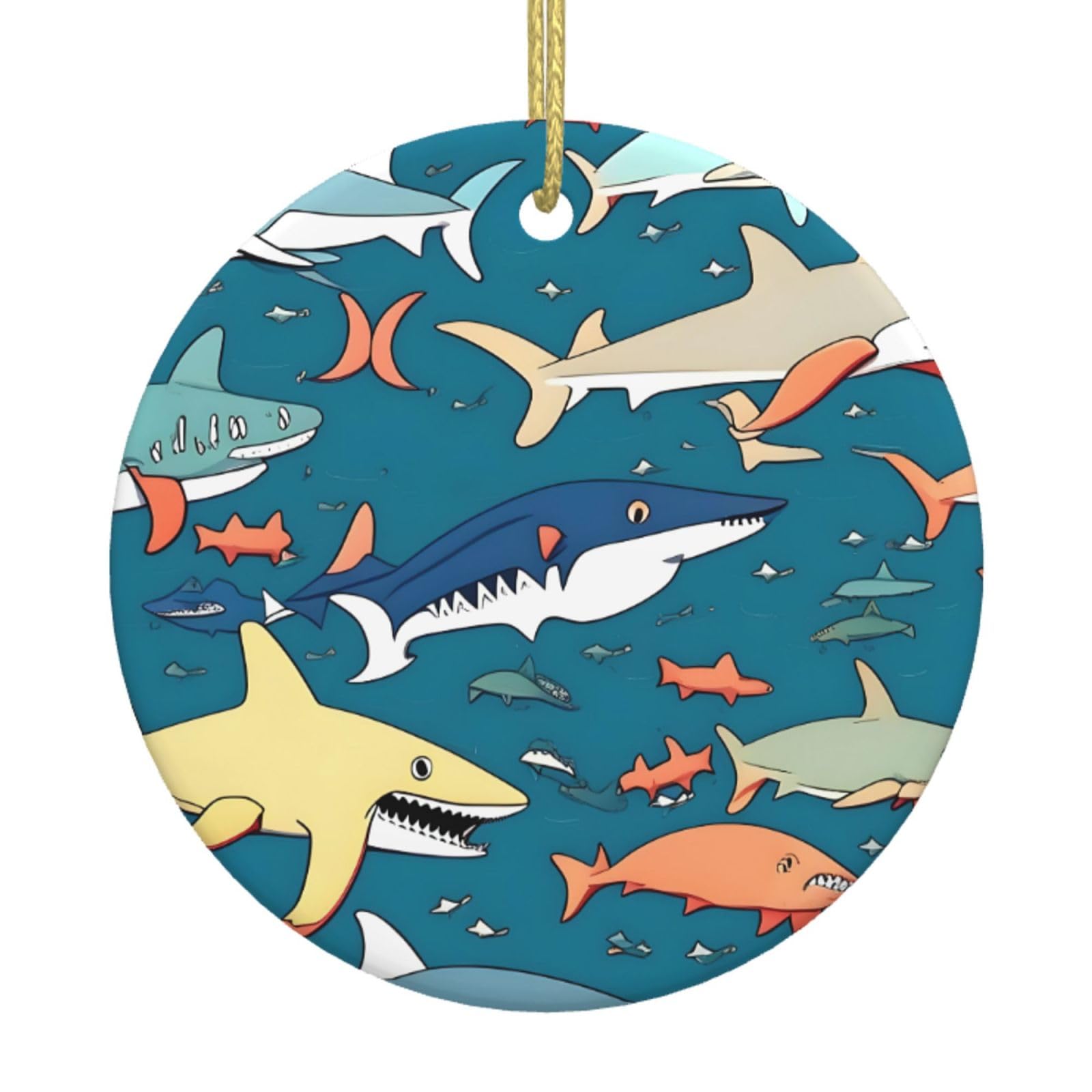 Shark Sailing Print Christmas Ornaments, Ceramic Hanging Ornament, Round Shape Decorations