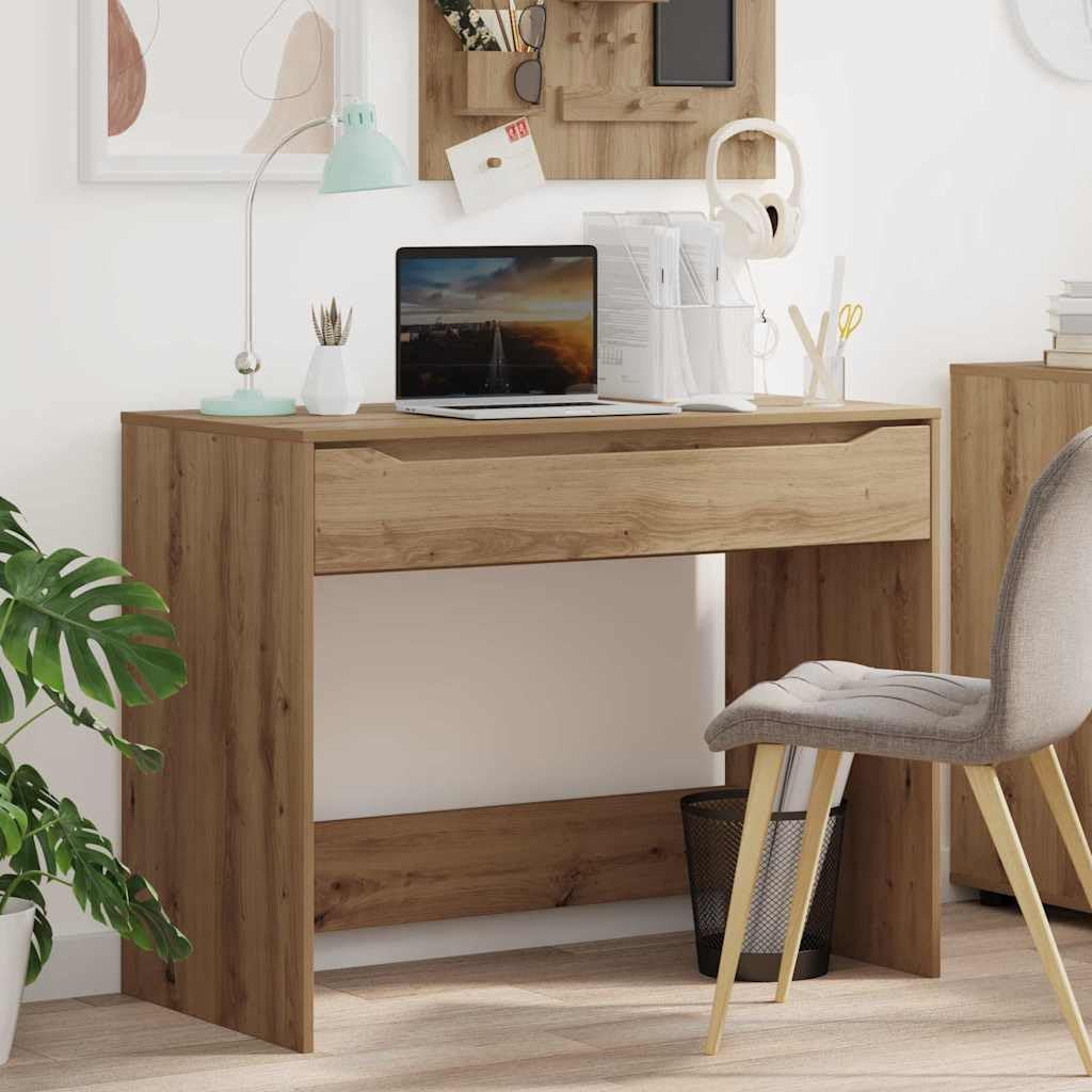 Escritorio de madera de roble Artisan, 100 x 50 x 78 cm, con cajón, mesa de oficina para oficina en casa, estudio, habitación juvenil, portátil, juegos, organización y gestión de cables