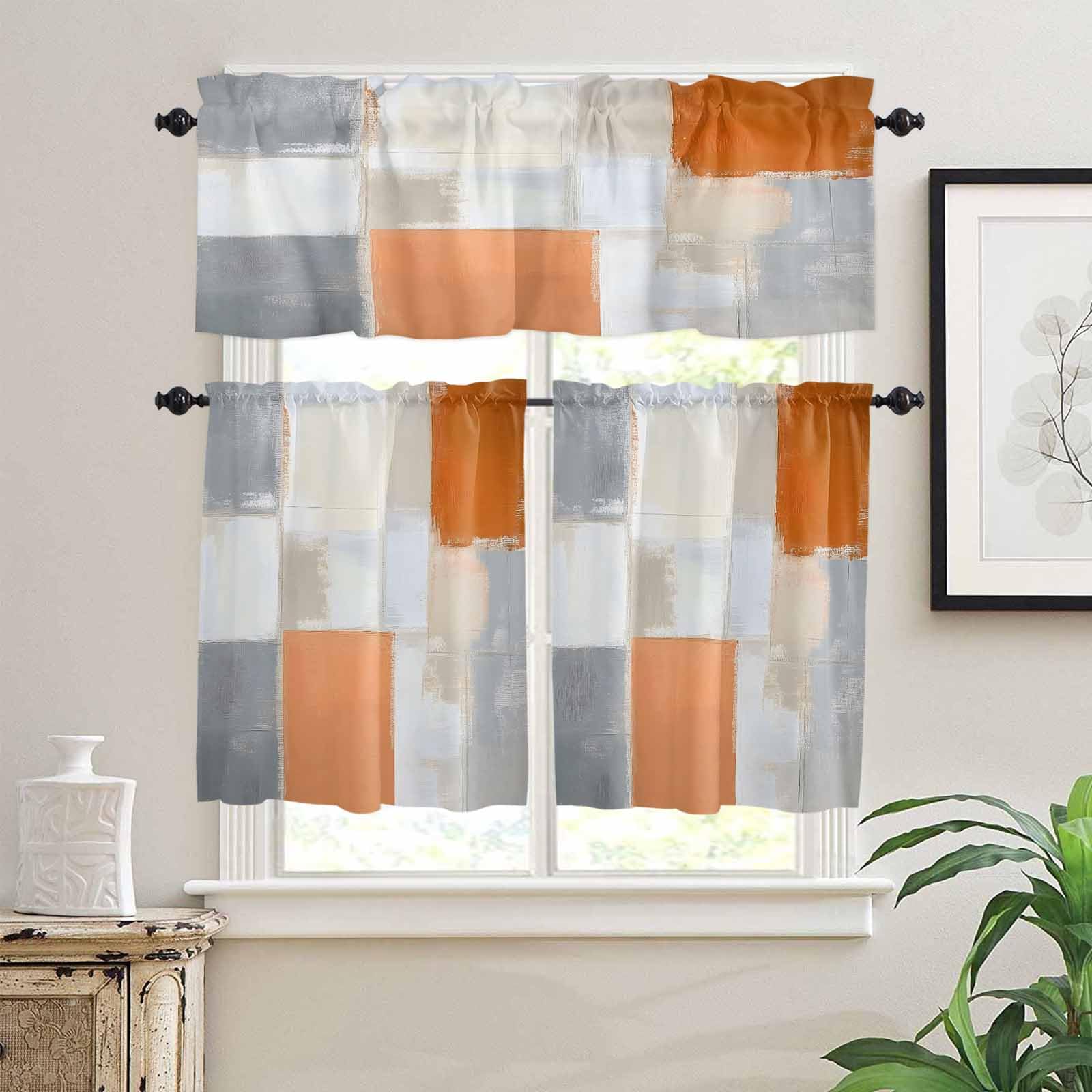 Modern Orange Beige Kitchen Curtains 36 Inch Length,3 Piece Rod Pocket Small Half Tiers and Valance Set,Abstract Oil Painting Grey Color Blocks Small Large Window Treatment Decor for Bedroom/Bathroom