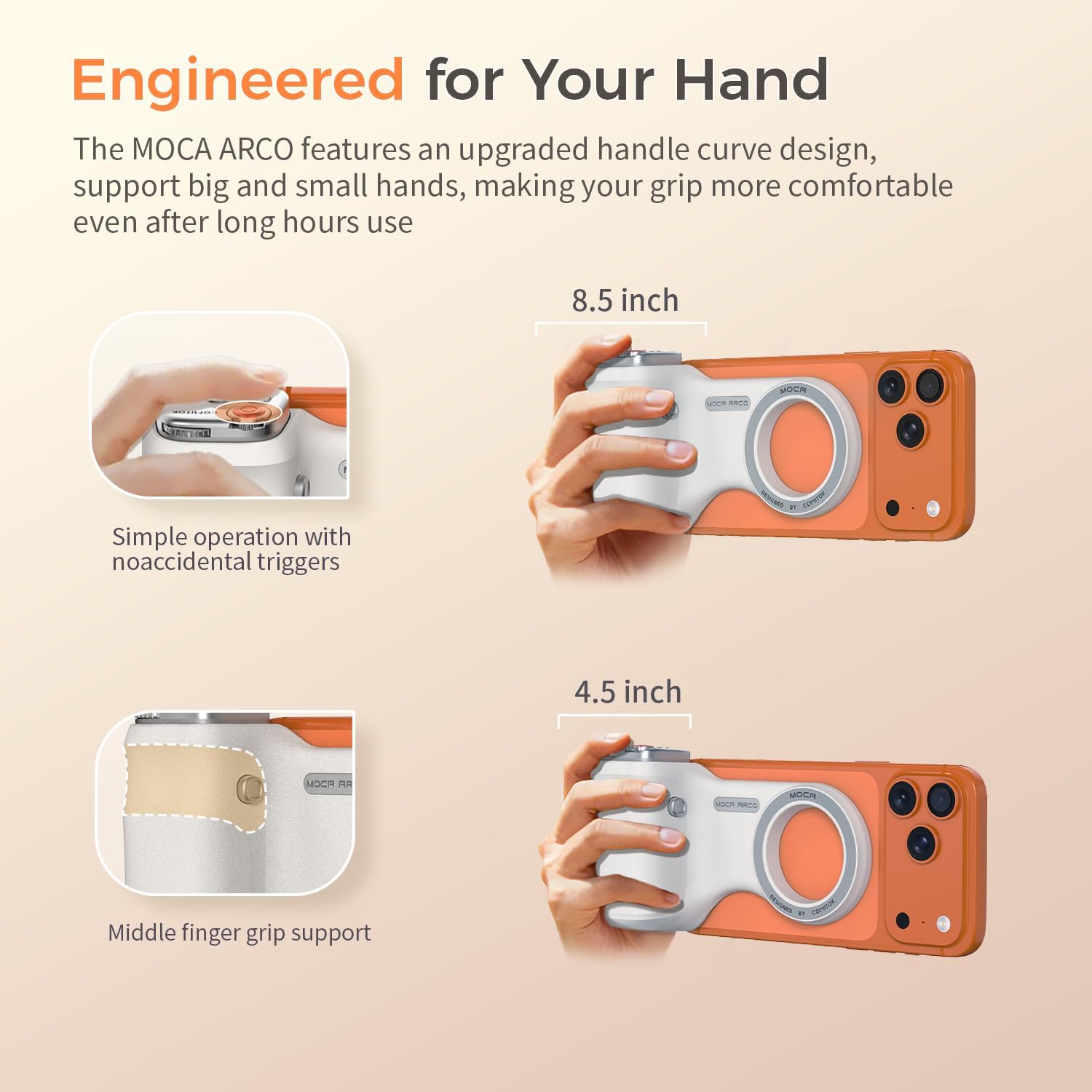 COMITOK Phone Camera Grip MOCA ARCO for Video Recording with Thumb Rest Area Design for iPhone Pro Max, with Enhanced Phone Mount & Detachable Remote for Easy Shooting, Video Call, Support iOS17/18/26