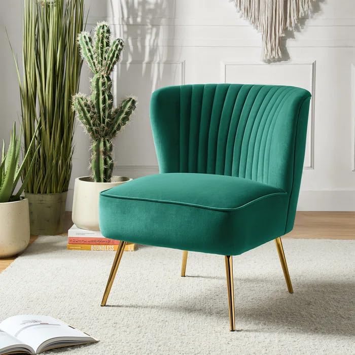 Image of Modern Upholstered Accent Velvet Chair Single Seater Channel Tufted Wing Back Chair with Golden Matel Legs for Living Room, Bedroom, Dining Room, Green