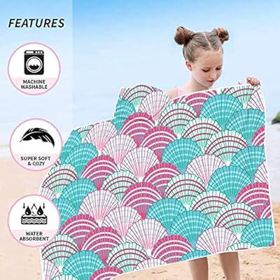 Kids Shells Hooded Beach Towel, Cute Pink Shells Large Microfiber Beach Bath Towel with Hood for Girls 50"x30", Soft Absorbent Quick Dry Beach Swim Pool Towel for Toddler (Shells) 61JLKAcUAnL. SS400