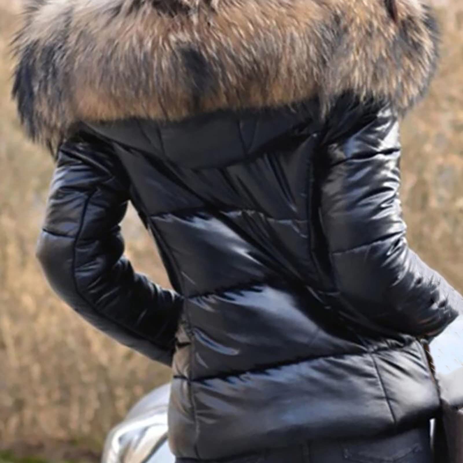 FUPODD Daunenjacke Damen Winter Kurz Glänzend Steppjacke Leicht Mit Kapuze Winterjacke Damen Warm Fellkapuze Puffer Jacke Reflektierend Steppmantel Reissverschluss Wintermantel Kurze Daunenmantel