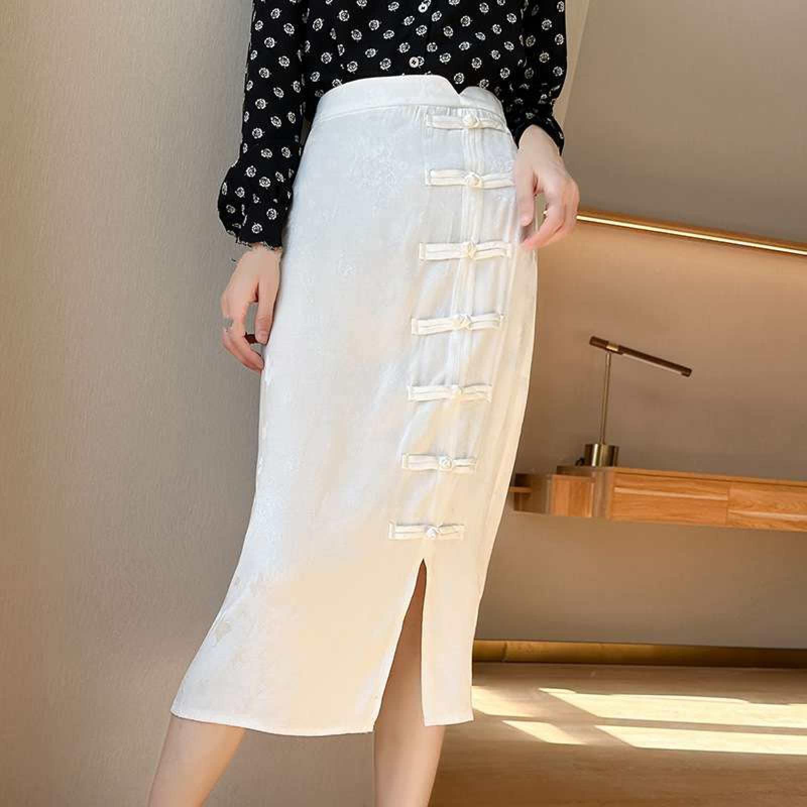 Jupe Droite en Satin De Soie pour Femme - Été Mi-Longue Taille Haute Jacquard Rétro Style Chinois Boucle Cheongsam Jupe Fendue À La Hanche, Jupe Drapée Souple Et Soyeuse À La Mode,Blan