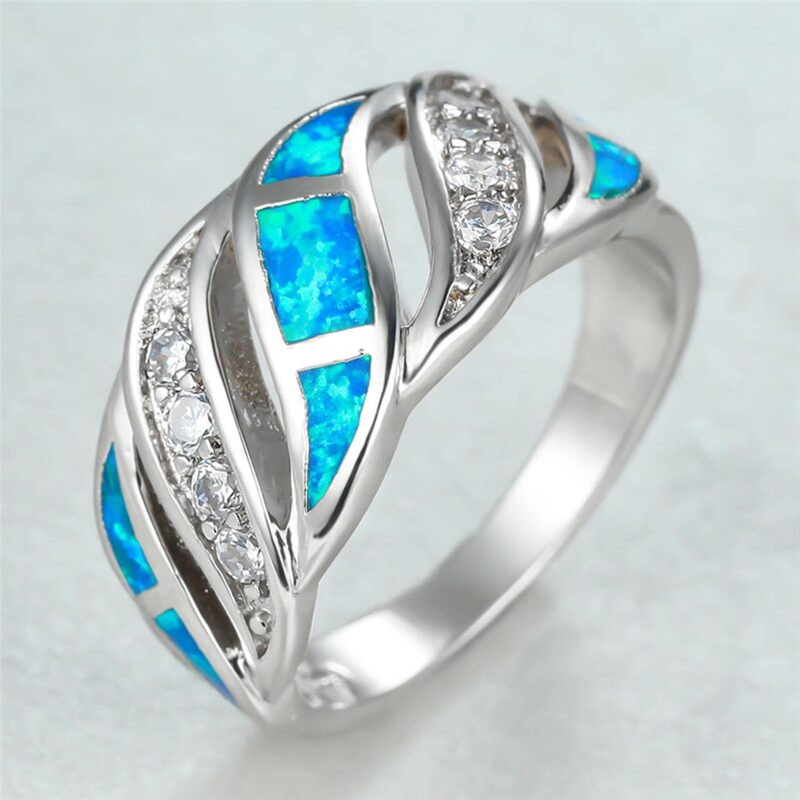 Stopi Men's Blue,Silver Boho Fe Blue Opal Stone Ring Charm Silver Color Crystal Engaget Ring Cute Bridal Geometric Wedding Rings For Wo