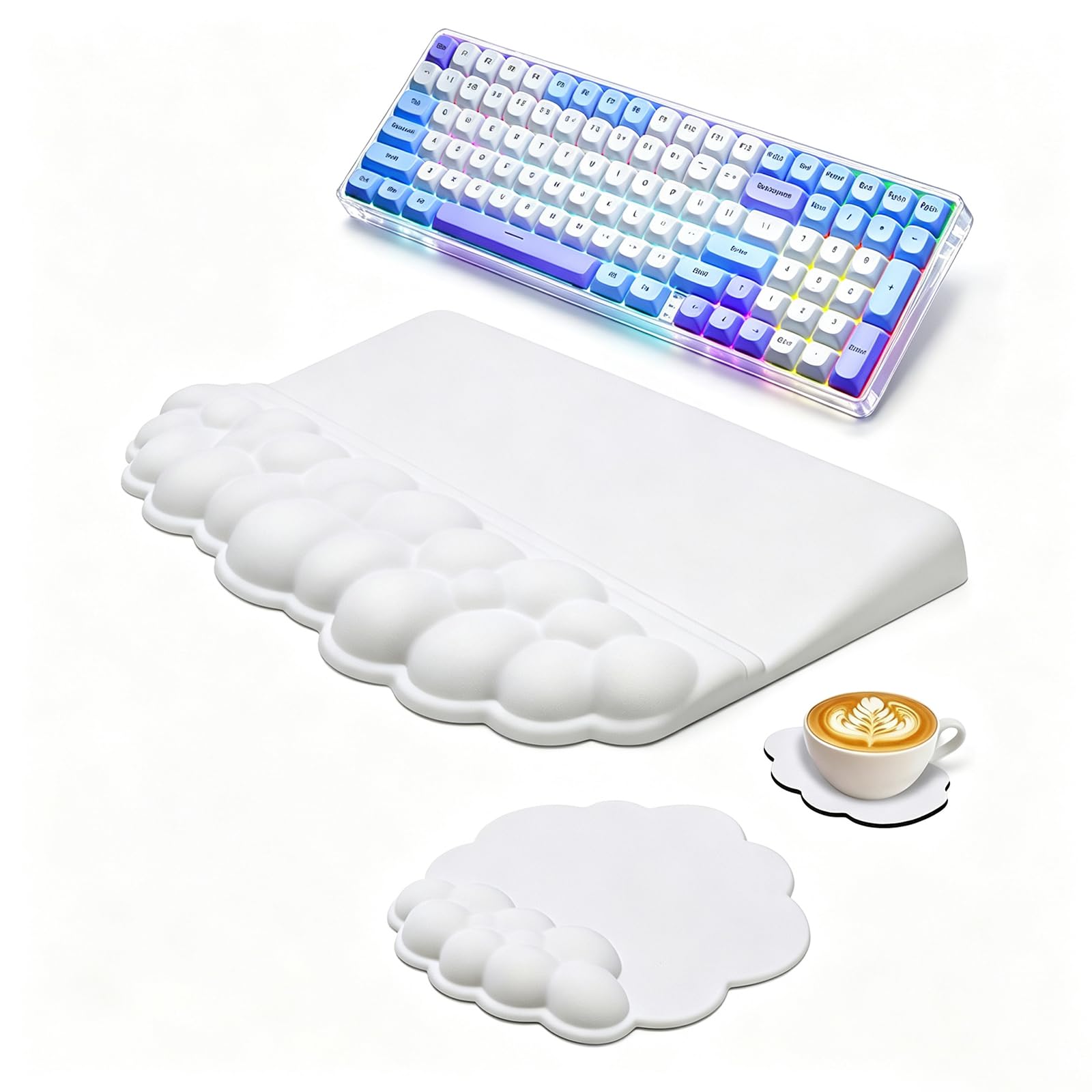 Cloud Tastatur-Handgelenkauflage mit abgeschrägtem Tastatur-Pad, ergonomisches 3-in-1-Mauspad mit Handgelenkstütze und Untersetzer, rutschfestes Schreibtischmatten-Set aus Memory-Schaum für