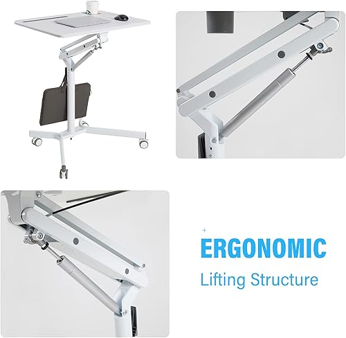Miniatura 3 de Lipo Escritorio móvil de pie para computadora portátil, altura ajustable, mesa de sofá con ruedas, estación de trabajo blanca con elevador de