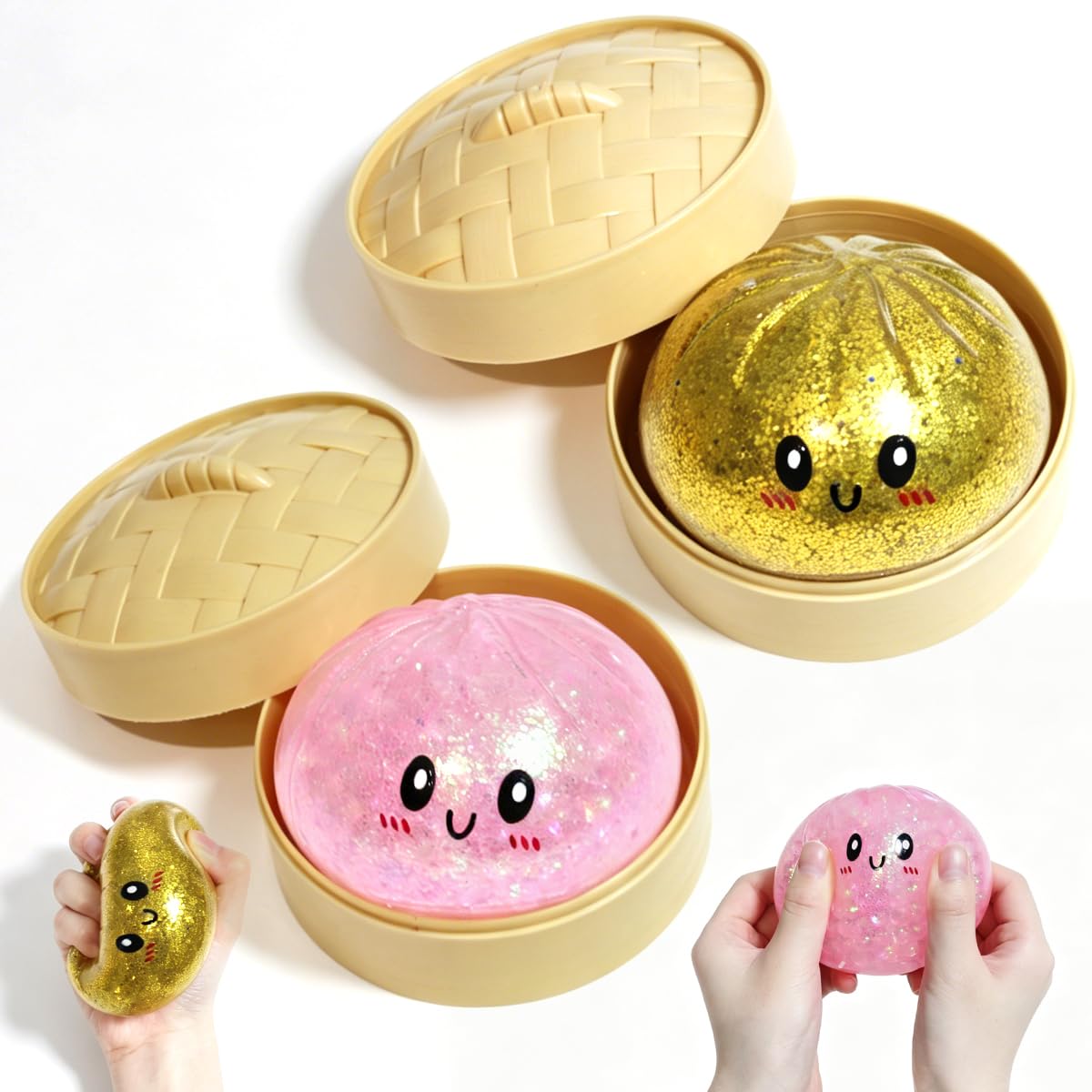 Photo 1 of 2 PCS 3.2" Glitter Dumpling Squishy Toy Set, Gel-Filled Squishy Toys with Beads?Big Sparkling Stress Relief Sensory, Cute Slow-Rise Desk Decor for Kids & Adults, Gift Collection.