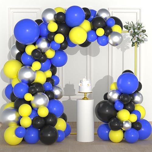 Kit de arco de guirnalda de globos de color azul amarillo y plateado 127 globos plateados metálicos azul real amarillo y negro para abejas espacio