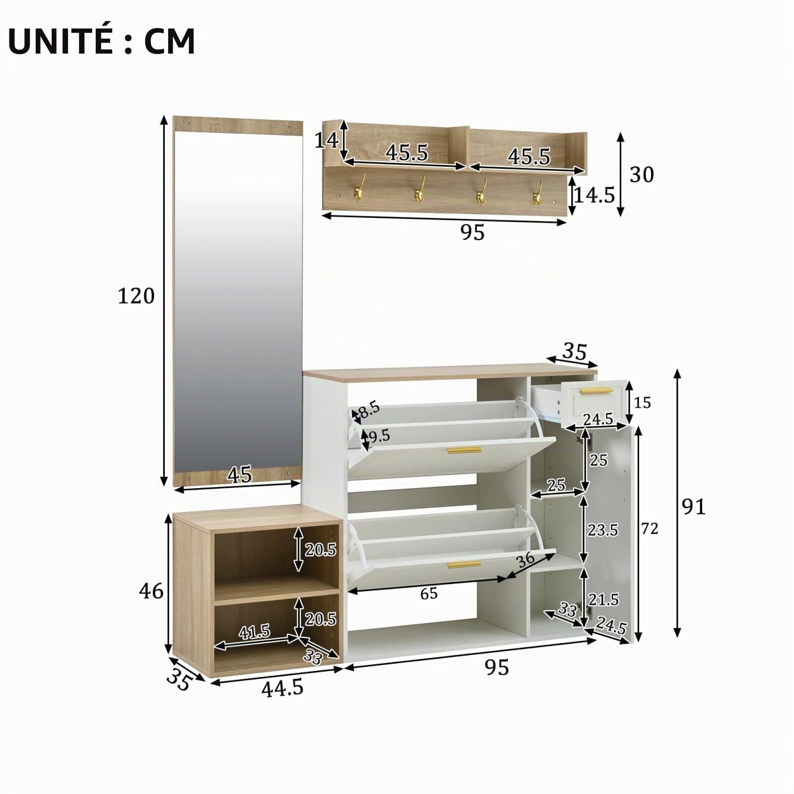 Sweiko Ensemble entrée 4 pièces avec Rangement Chaussures et 1 tiroir, Meuble d'Entrée avec Miroir et patère Murale, Armoire compacte avec Étagères Ouvertes pour Hall, Couloir (Natural+White)