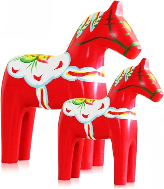 2 Piece Wooden Dala Horse Swedish National Style Wood Figures Statue Handicraft Sweden Style Dala Horse House Decoration (Red)