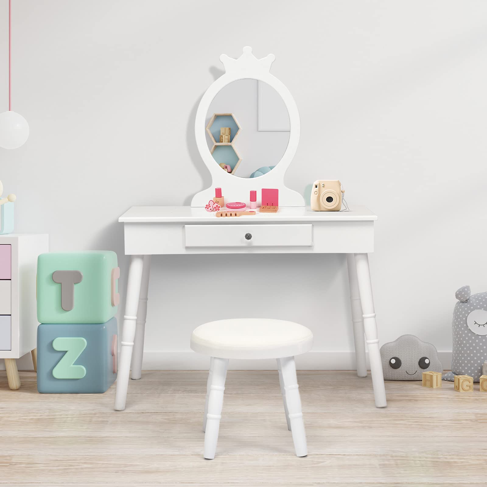 GOPLUS Tocador Infantil con Espejo en Forma de Corona (Incluye Mesa de Maquillaje y Taburete), 1 cajón, Accesorio de Maquillaje, Mesa de Maquillaje para niñas, Estilo Princesa (Blanco)