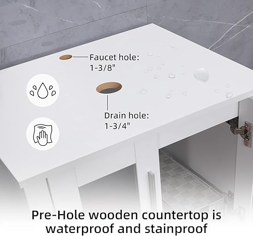 Miniatura 6 de UEV Vanidad de baño blanca de 24 piezas, lavabo redondo de cerámica blanca, parte superior de tocador de baño con juego de fregadero blanco de