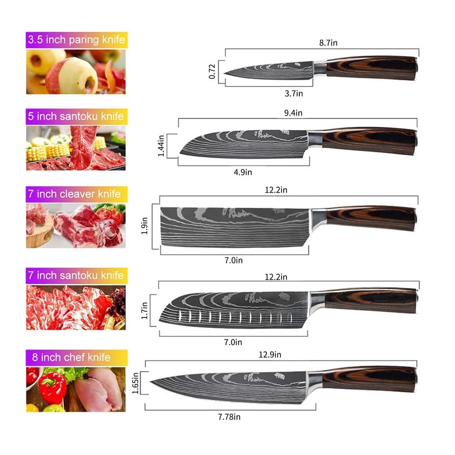 KEPEAK 5 Piece Kitchen Knife Set, Chef Knife Santoku Cleaver Paring Knives High Carbon Steel, Pakkawood Handle for Vegetable Meat Fruit