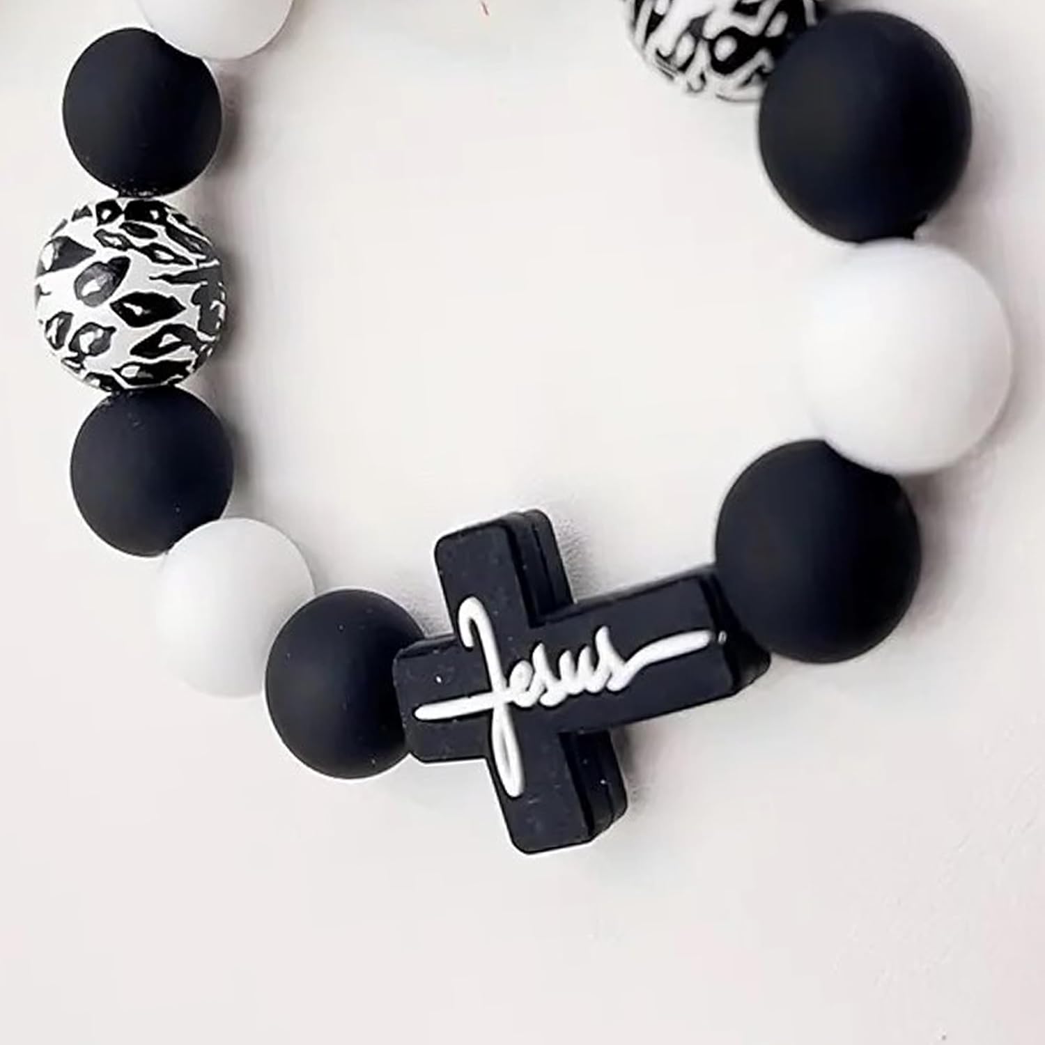 Wristlet Bracelet Keychain for Women,Silicone/Wood Cross Leopard Beaded Bracelet with PU Tassel,Clip Key Holder - Image 3