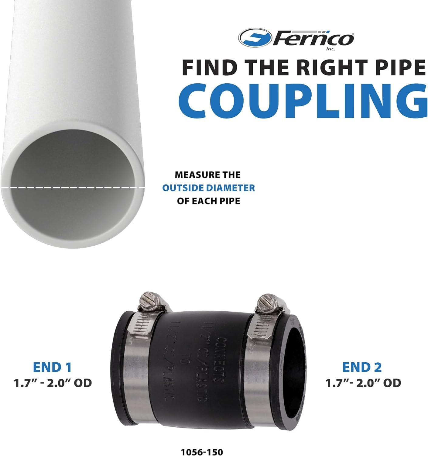 Fernco 1056-150 Flexible Pipe Coupling 1-1/2” CI/Plastic/Steel to 1-1/2” CI/Plastic/Steel | Pack of 2