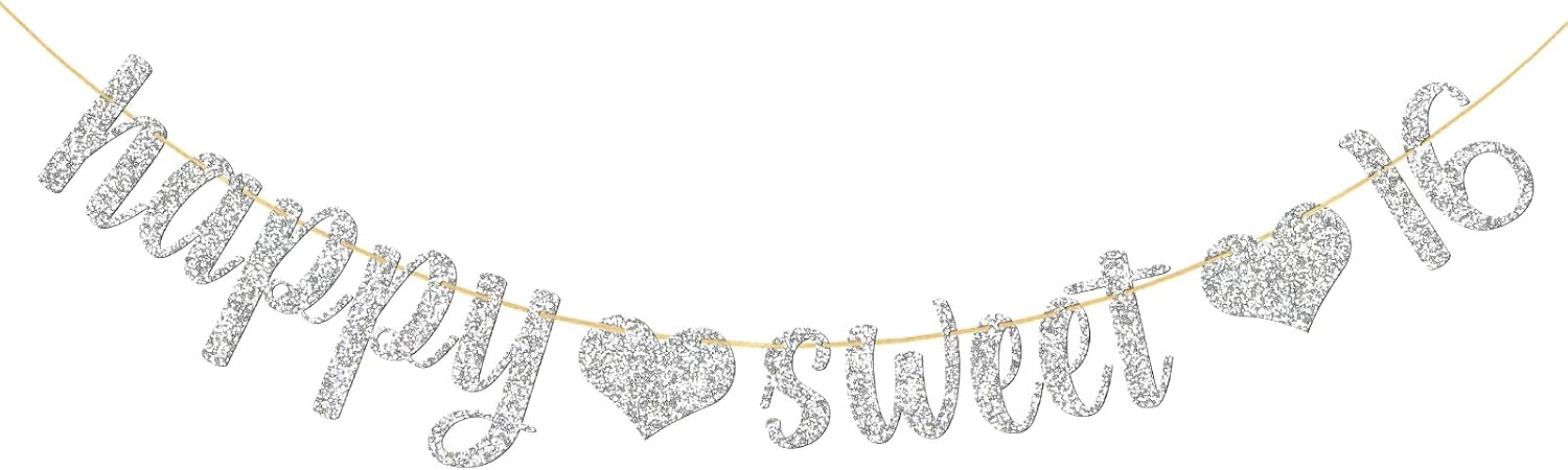 WeBenison Silver 16th Birthday Party Banner, Girl's Sweet 16 Party Supplies, Sixteen Sign, Paper Rectangular Banner