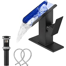 Bathroom Faucet Black Waterfall Open Spout LED Color Changing 1-3 Holes Basin Vanity Sink Tap Single Handle with Pop Up Drain Stopper Overflow Water Supply Hose Include Modern Commercial