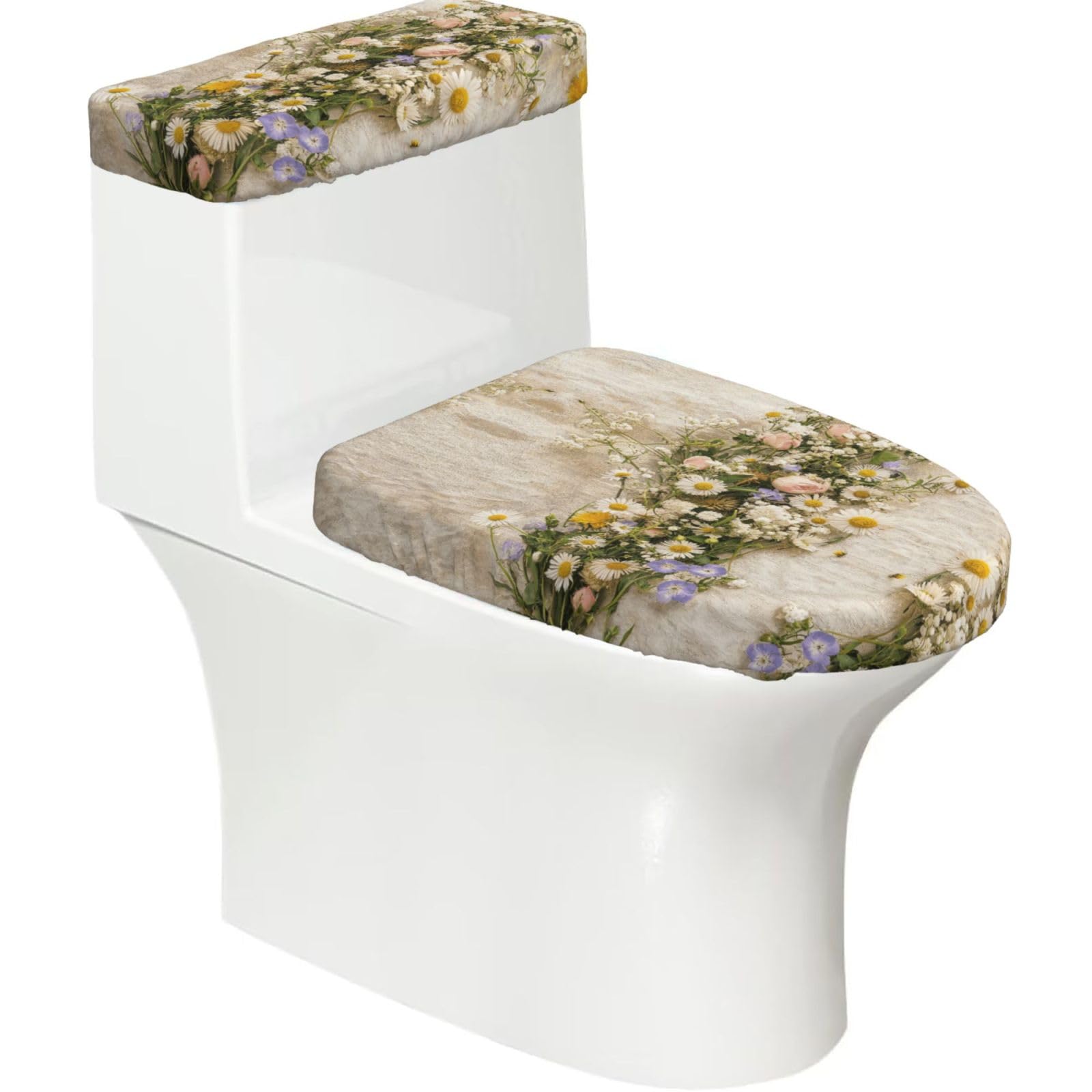 Cntdbu Black Wildflower Vintage Pattern Elastic Toilet Cover Set Of 2-Stretchy Lid And Tank Covers For Bathroom, Soft Washable U Shape Toilet Decor