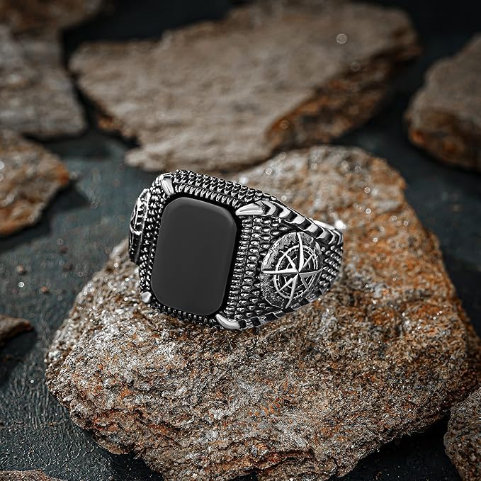 Anello da uomo gotico in argento sterling 925 con pietra di onice nera con motivo a bussola, Pietra, onice