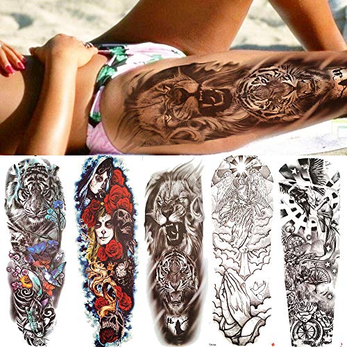 Sommer Voll Bein Lange Tattoos Temporare Wasserdichte Lion Tiger Tattoos Aufkleber Fur Manner Frauen Rose Blume Arm Flash Gefalschte Tattoos Amazon De Beauty