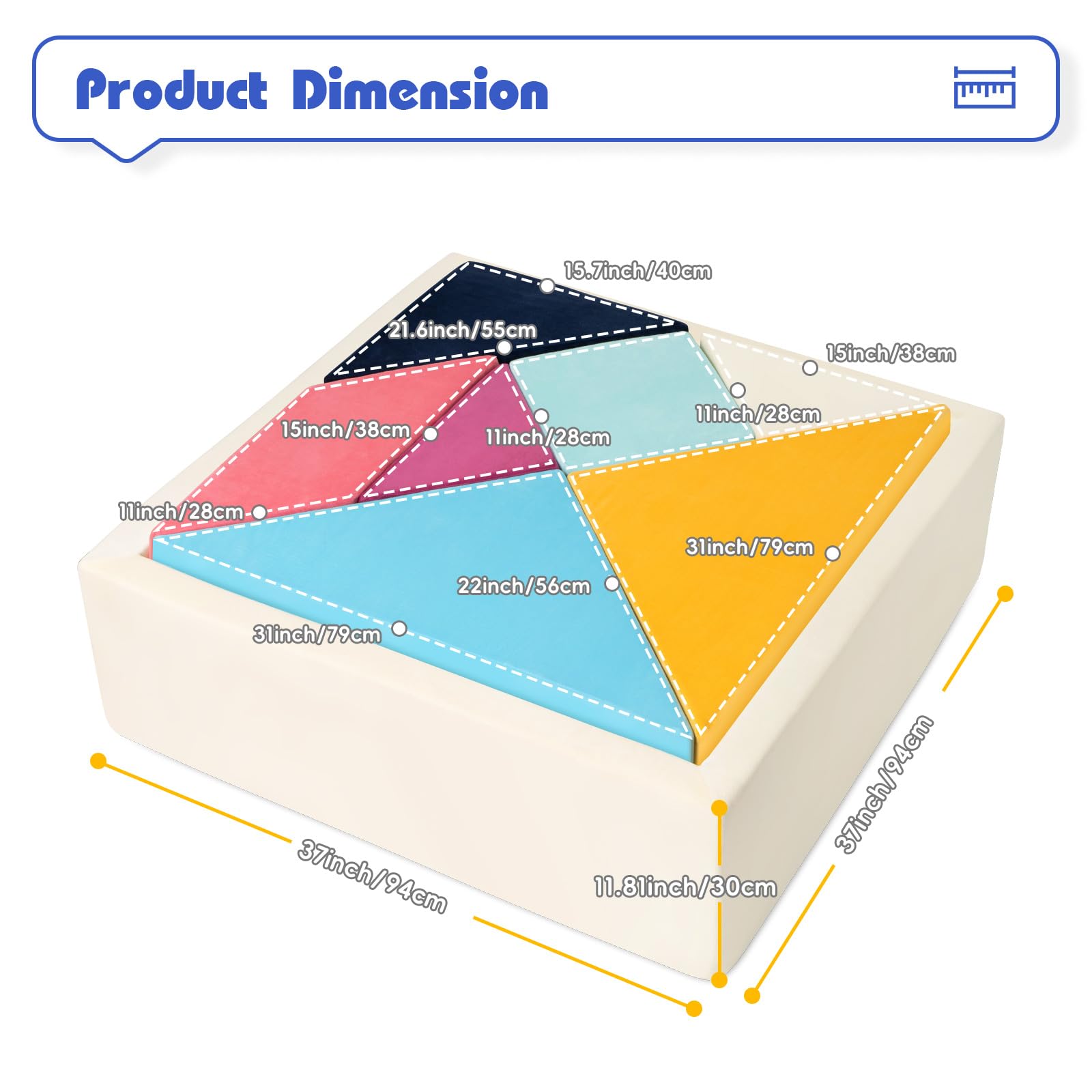 Tangram Square Puzzles Couch, Kids Play Sofa, 7pcs Foam Climbing Blocks with Ball Pit, Puzzle Solving Couch, 1600+DIY Creativing Playroom Furniture for Toddlers, Soft Play Activity Playset