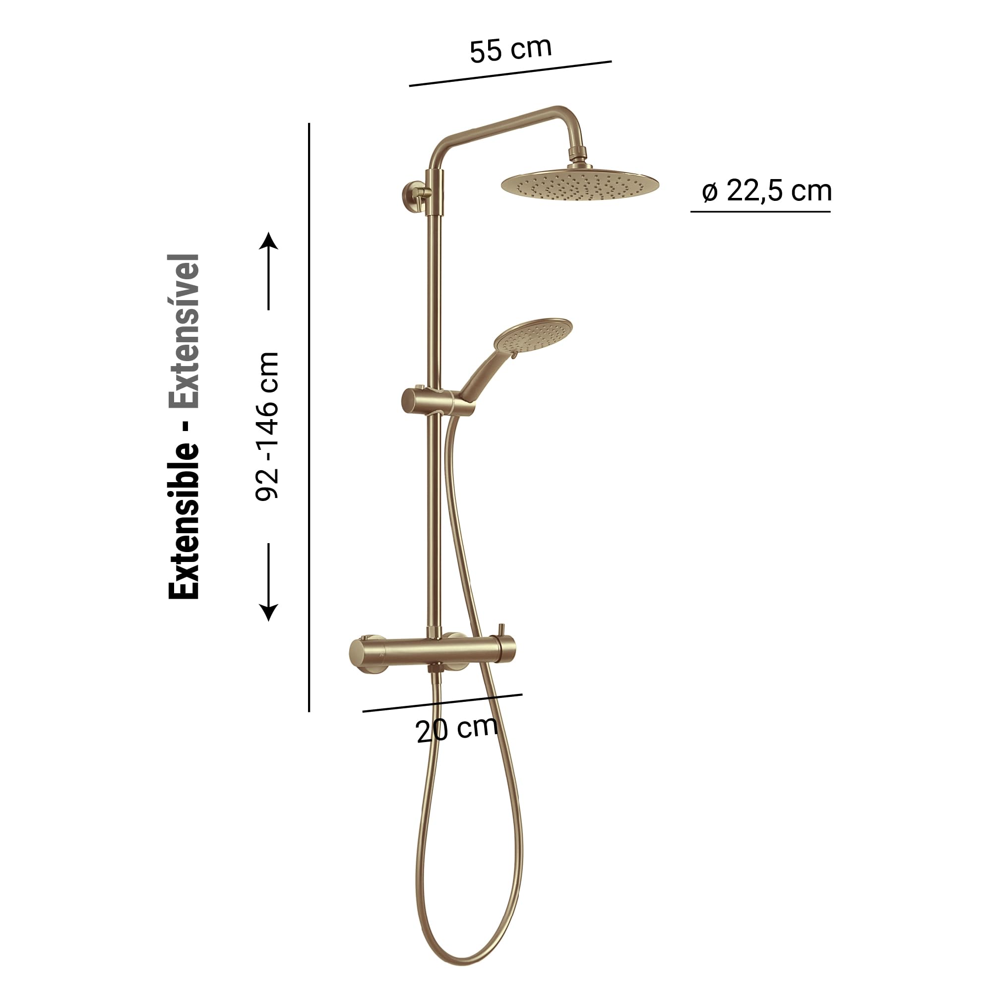 Gedy STAR PLUS 03 Columna de ducha oro mate con grifo monomando, conjunto de alcachofa 3 posiciones, cabezal de ducha; flexo 150 cm, extensible 92-146 vm