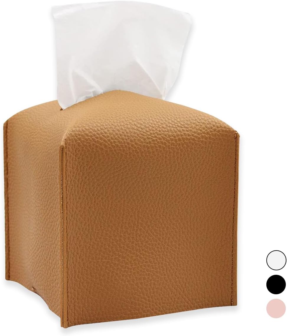 Tissue Box Cover, Square PU Leather Tissue Holder, Square Napkin Dispenser for Home, Hotel, Office, Vanity and Restaurant - 5 Inch Cube - 1 Pcs Brown