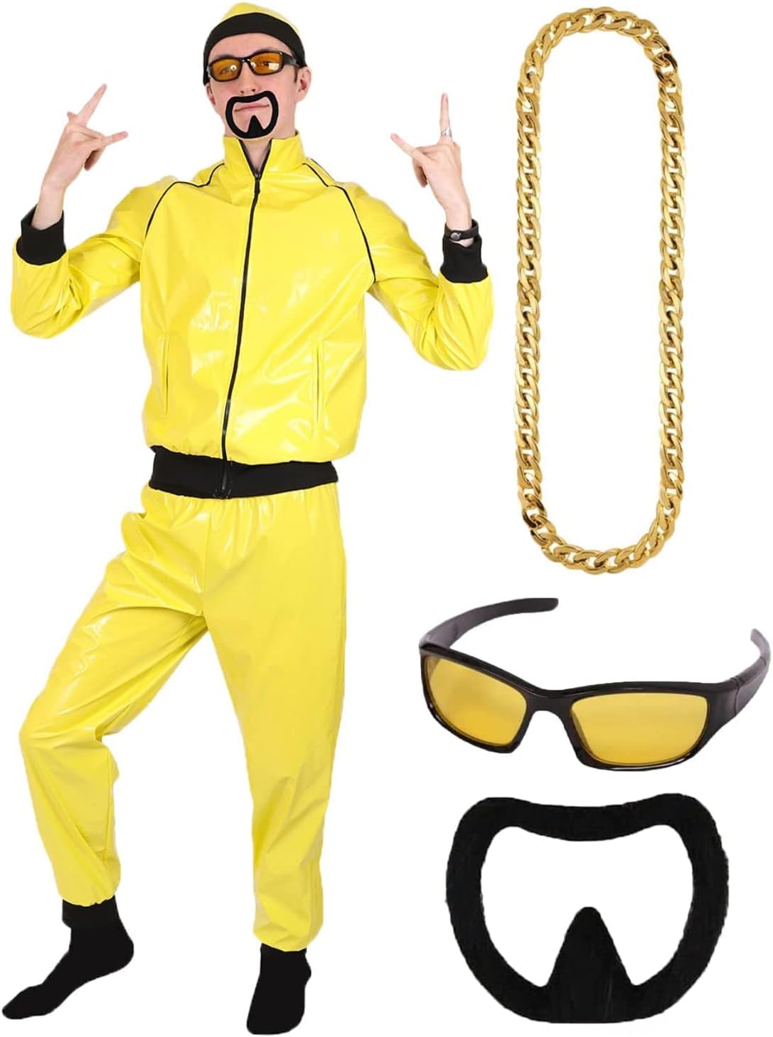 90s Celebrity Costume - Adults Yellow & Black Shell Suit + Matching Hat + Sunglasses + Gold Chain + Black Goatee - Funny Rapper Halloween Stag Do Fancy Dress Costume