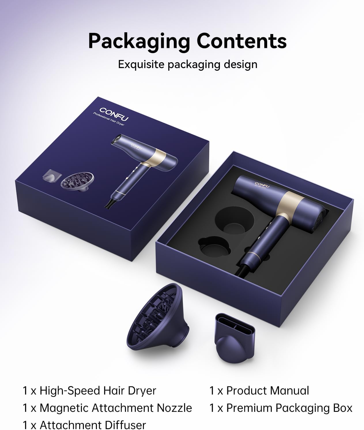 CONFU Hair Dryer, Ionic Hair Dryer for Curly Hair with Diffuser, 110,000 RPM Fast Drying Blow Dryer, Attachments for All Hair Types, Light and Quiet, Sunset Purple