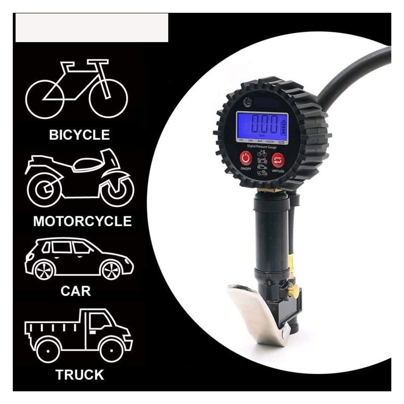 Wskaźnik ciśnienia w oponach Cyfrowy tester opon 200PSI Wyświetlacz LCD Manometr ciśnienia powietrza Szybkozłączka do samochodów ciężarowych motocykl (kolor: czerwony) (czarny)