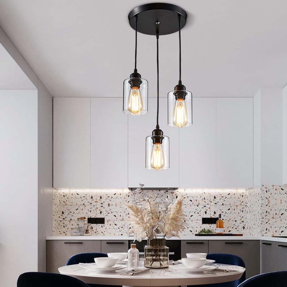 Retro 3 światła oświetlenie wisiorka, Podstawa Loft Loft Loft przemysłowe wyposażenie lamp wiszących, z szklanym matowym czarnym żyrandolą, do kuchni, wiejskiej restauracji kawiarni