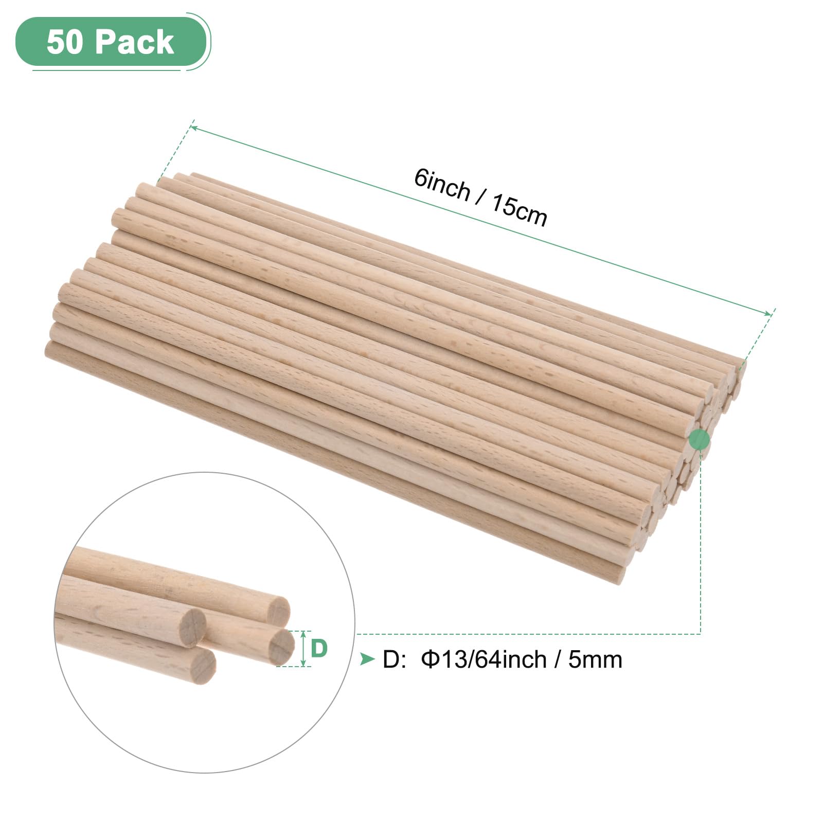 M METERXITY 50-Pack Dowel Rods Wood Sticks, 13/64 x 6 Inch Wooden Dowel Rods, Unfinished Hardwood Sticks - Image 3