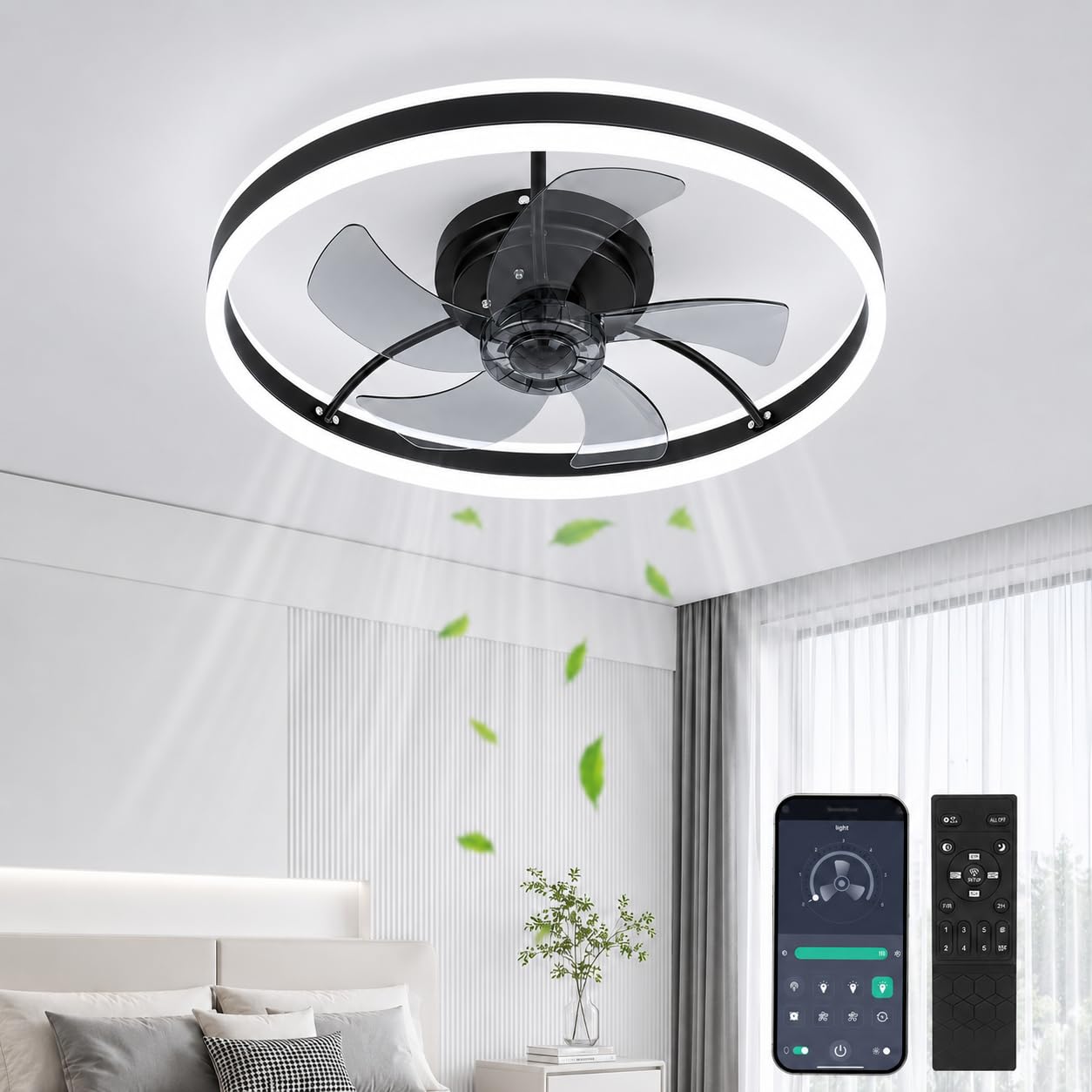 Deckenventilator mit Beleuchtung 50CM, Deckenleuchte mit Ventilator, 3 Farbtemperaturen und 6 Geschwindigkeiten,Deckenventilator mit Lampe, Fernbedienung und APP, leise dimmbar, Ventilator Deckenlampe