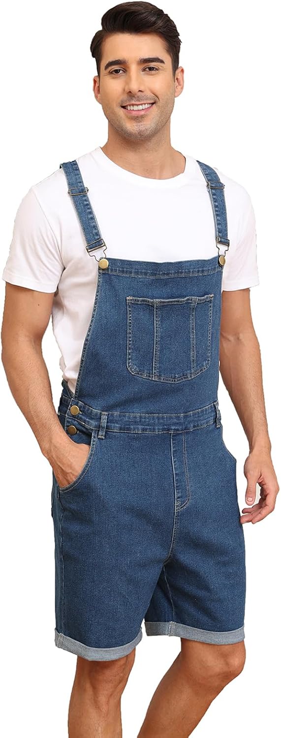 Men's Denim Overalls Jean Shorts Bib Coveralls Casual Loose Fit Work Summer Jumpersuit