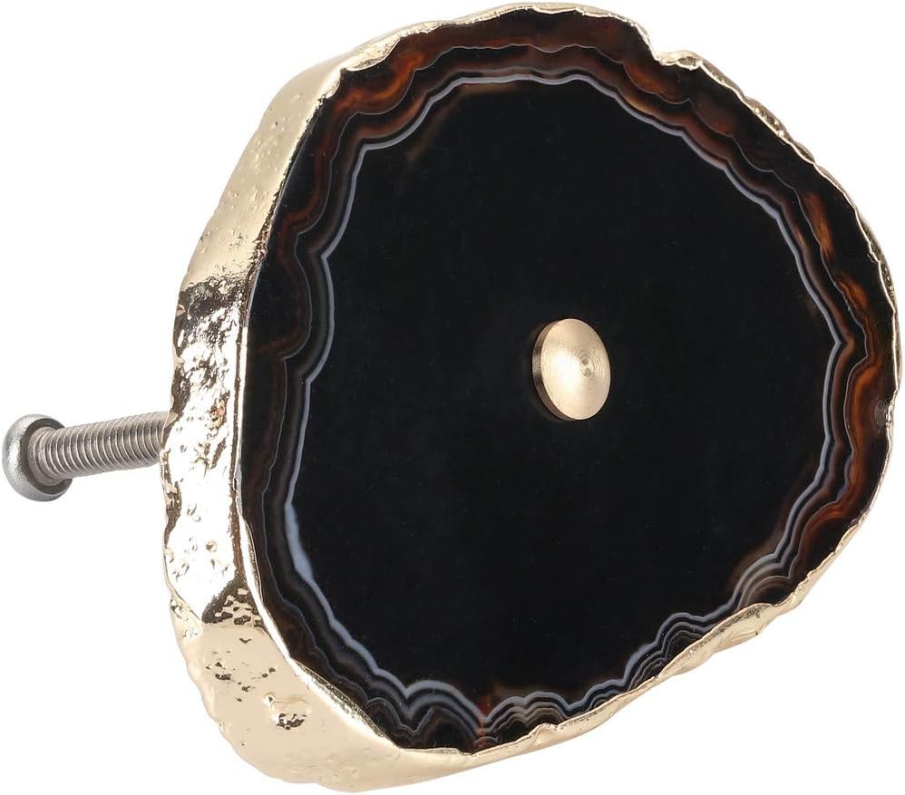 Yoption Set of 4 Cabinet Drawer Knobs Natural Agate Pull with Gold Plating Edge Decorative Unique Cabinet Cupboard Dresser Handles (Black)