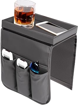 Couch Caddy, Armchair caddy with Detachable Tray, Non-Slip PU Leather Remote Control Holder for Recliner with 5 Pockets Light Grey