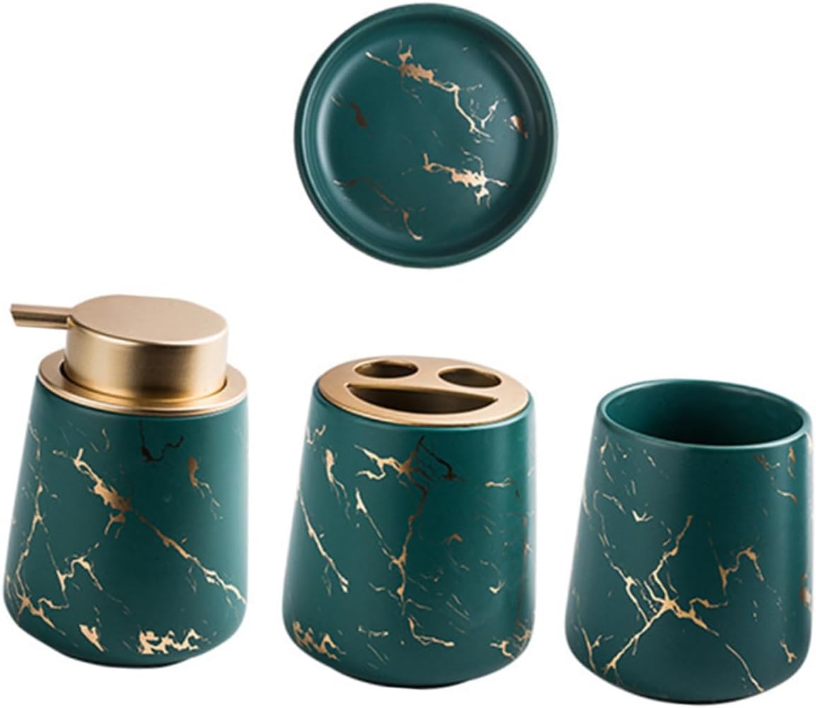 Ceramic Bathroom Washing Set 4-Piece Toothbrush Holder and Washing Cup Kit Dark Green for Home and Travel