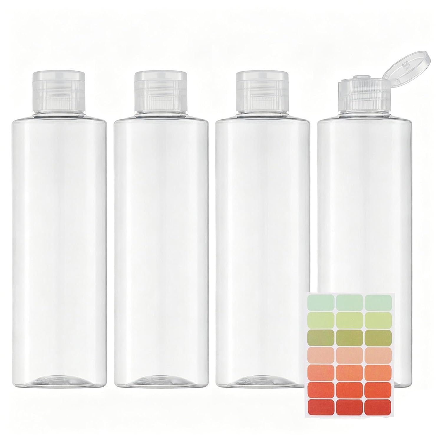 4 Pack 250ml/8.5oz Clear Travel Toiletry Containers, Plastic Flip Top Bottles, Black Cap Refillable Empty Rigid Leak Proof Bottles with Label Stickers for Shampoo Lotion Daily Liquids