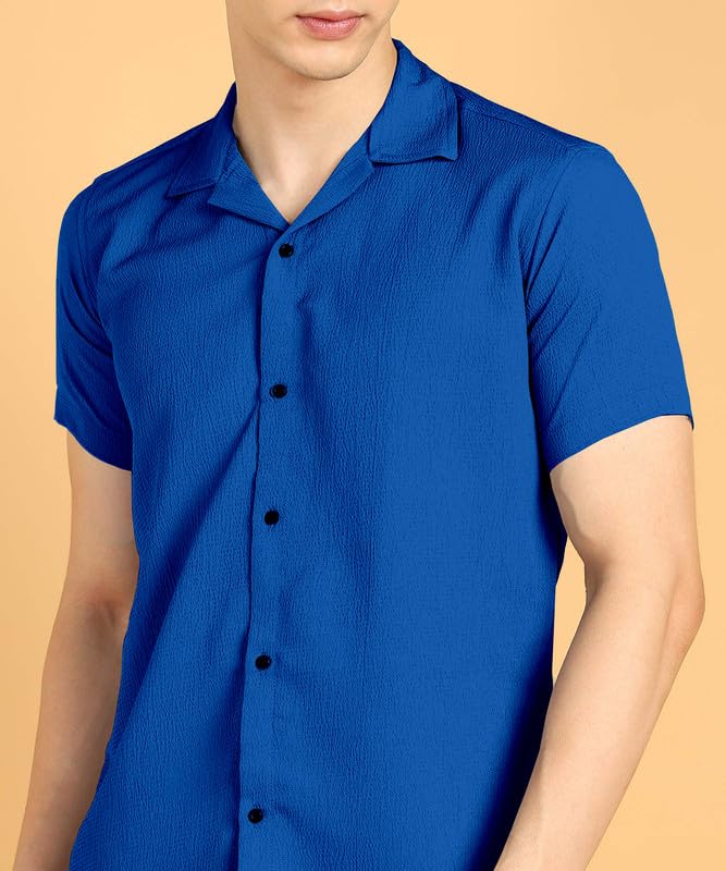 Image of COMBRAIDED Men's Solid Cotton Blend Half Sleeve Shirt - Regular Fit Casual Button-Down Shirt for Office & Travel - Summer & Spring