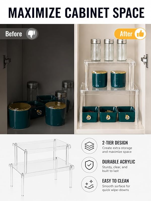Spice Organization for Cabinet, 2 Pack Stackable Acrylic Shelf Set, Versatile Spice Rack Organizer for Kitchen Pantry, Countertop, Bathroom, Office, Apartment, Ideal for Small Spaces and Gift Giving by Porceluxe - Image 2